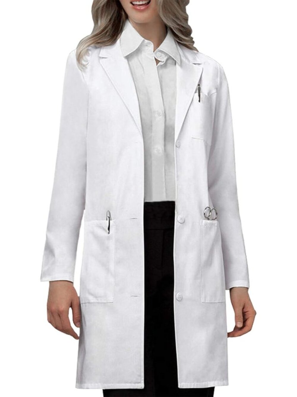 Womens Medical Lab Coat Three Pocket Long Sleeve Button Front White | Polyester